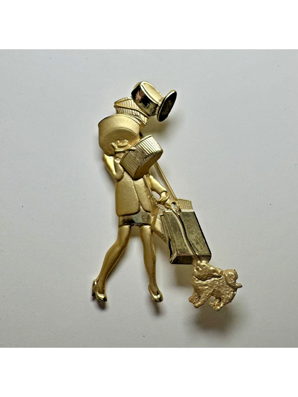 Vintage AJC 1980'S 'Shop Til You Drop' Figure & Dog Golden Matte Tone Brooch Pin